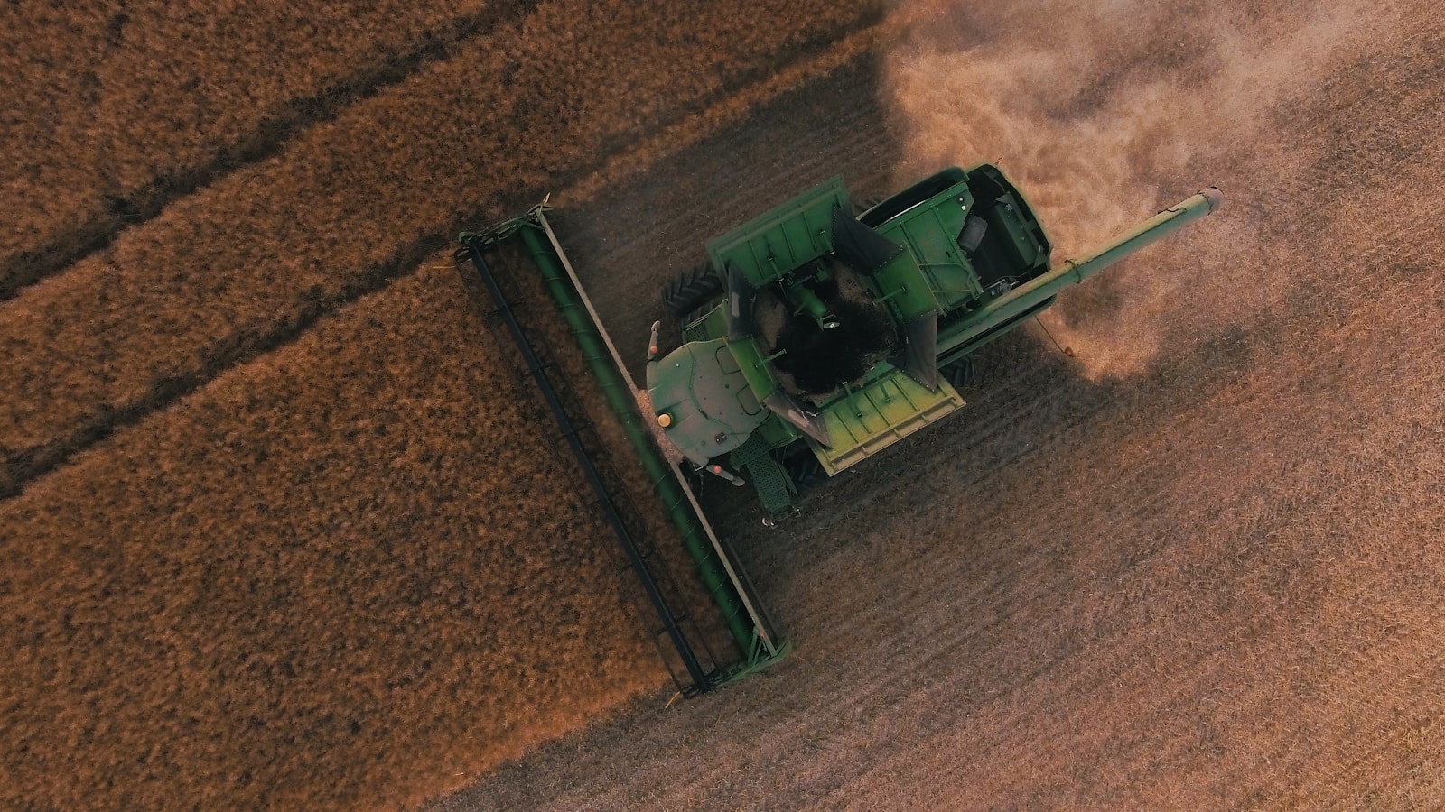 Colheitadeira operando em lavoura, vista aérea